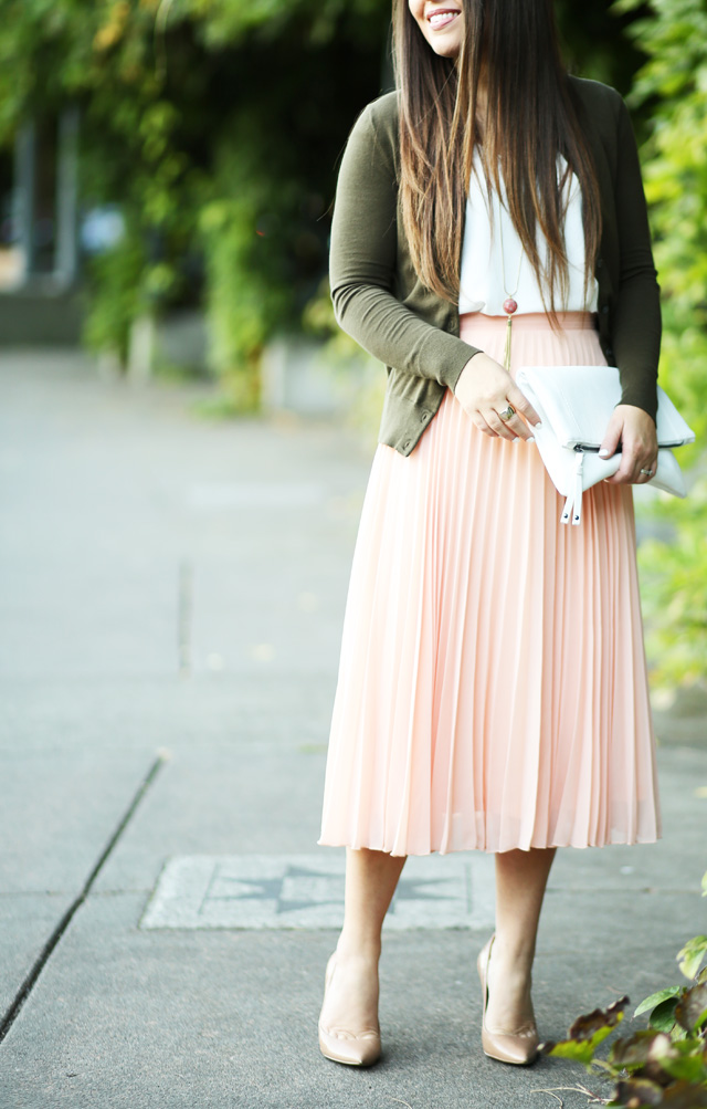 blush-pink-skirt-olive-green-sweater