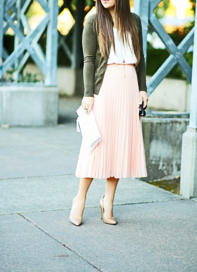 pink-asos-skirt-olive-green-jcrew-cardigan