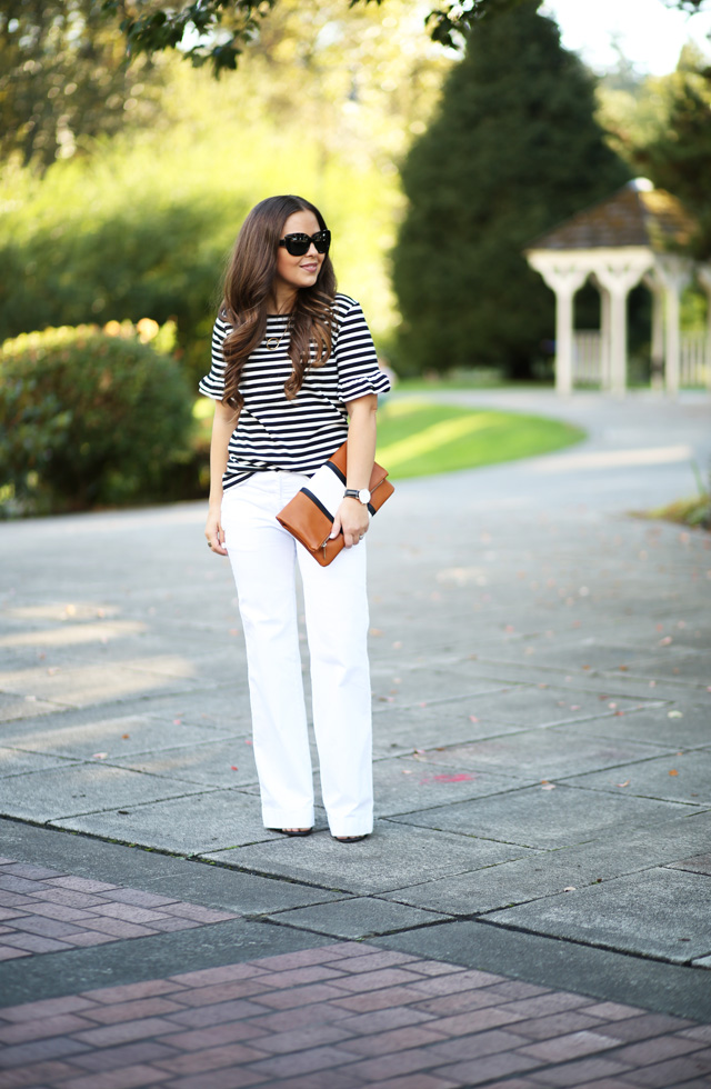 white pants striped ruffle jcrew shirt