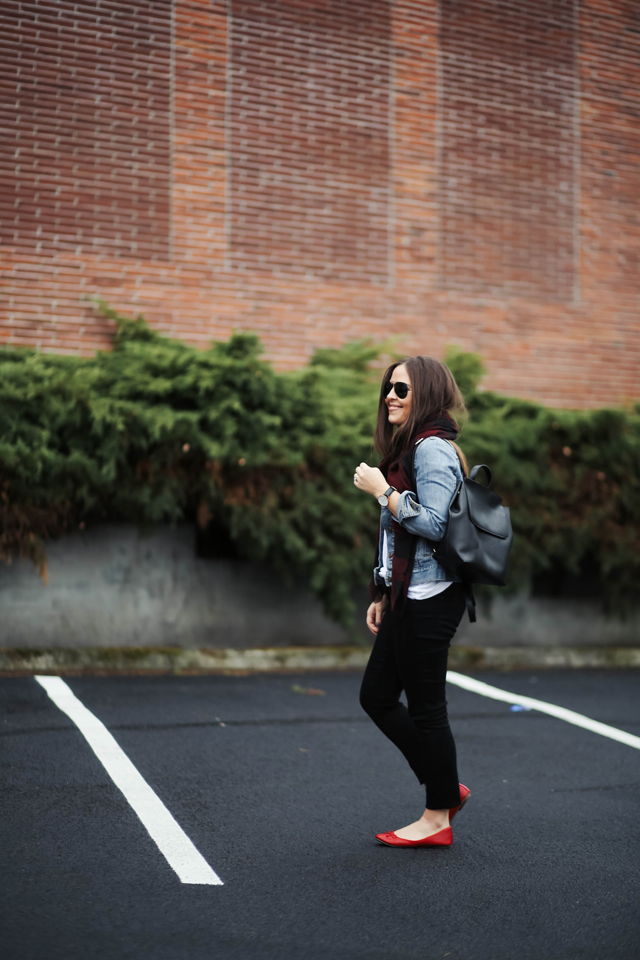 black-pants-denim-jacket-red-flats