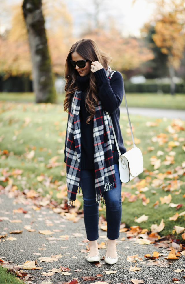 navy-tunic-sweater-plaid-scarf-white-flats