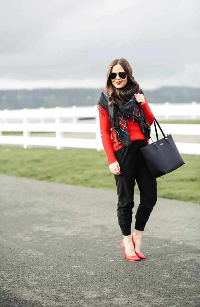 black-joggers-red-sweater-plaid-winter-scarf-3