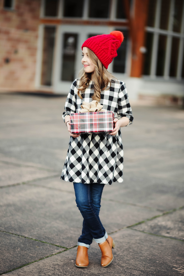 buffalo-check-girls-dress-with-jeans-and-booties