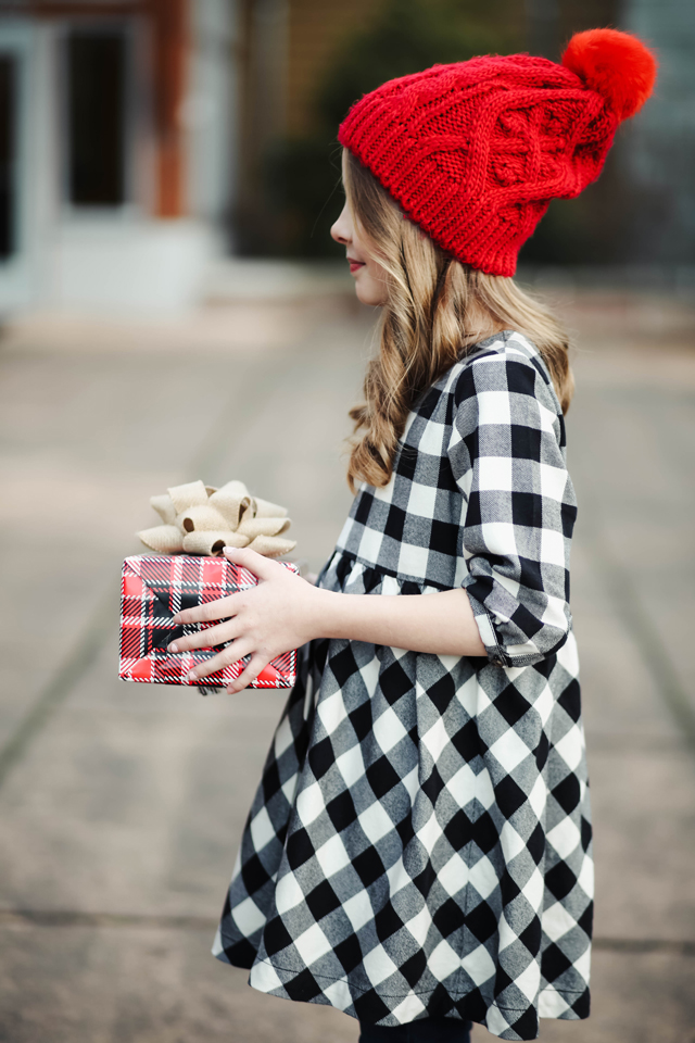 tween-girl-red-pom-beanie-buffalo-check-dress